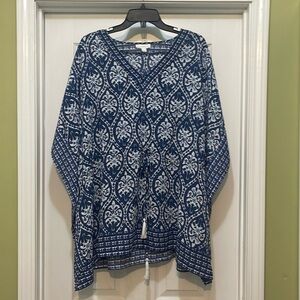 Charter Club - Kaftan style tunic blouse - batik blue - kimono sleeve - size L